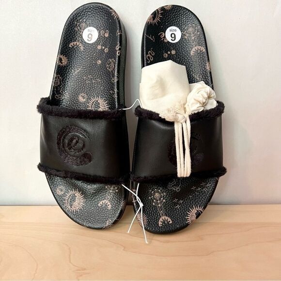 NEW Johnny Was Calme black leather astrology fur lined slip on slide sandals 9 - Picture 8 of 8